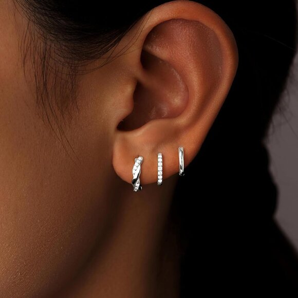 Women's Silver Twisted Hoop Multiple Piercing Cubic Zircon Jewelry Earrings - Picture 8 of 8